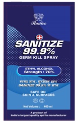 Radico Sanitize 99.9% Germ Kill Spray (label) Device mark 4589123 Trademark