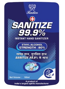 Radico Sanitize 99.9% Instant Hand Sanitizer Cologne (label) Device mark 4657142 Trademark