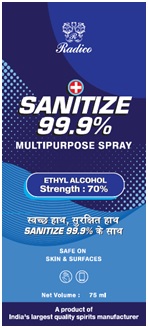 Radico Sanitize 99.9% Multipurpose Spray (label) Device mark 4657143 Trademark