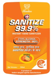 Radico Sanitize 99.9% Instant Hand Sanitizer Orange (label) Device mark 4657144 Trademark