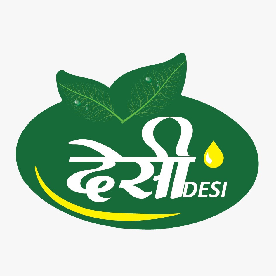 Word Desi Written In Hindi & English On Green Oval Shapedbackground With Two Leaves And A Yellow Droplet And Yellow Und Device mark 5122835 Trademark