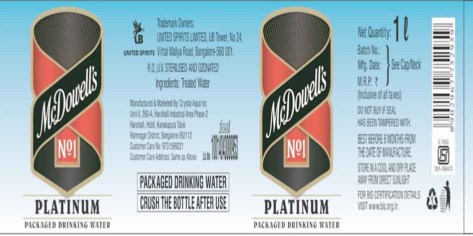 Mcdowell's No.1 Platinum Packaged Drinking Water Device mark 3130162 Trademark