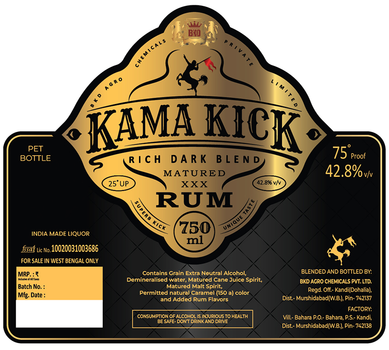 Bkd's Kama Kick Rich Dark Blend Matured Xxx Rum (with Device). Device mark 5788621 Trademark