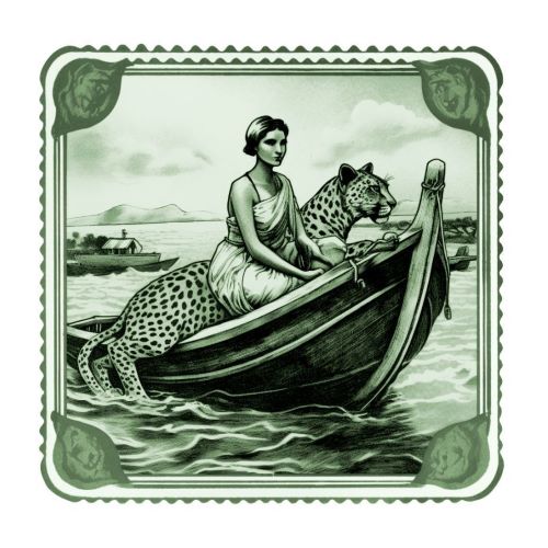 Logo Of The Applicant Depicting An Image Of A Lady Siting Along With A Leopard, Sailing On A Boat. Device mark 6388598 Trademark