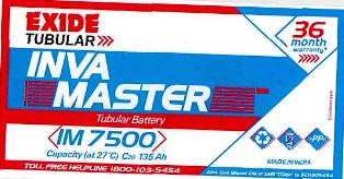 Exide Tubular Inva Master Im7500(label) Device mark 2815793 Trademark