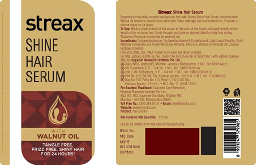 Streax Shine Hair Serum Walnut Oil In Stylised Fonts With Device Of A Droplet Device mark 7428150 Trademark