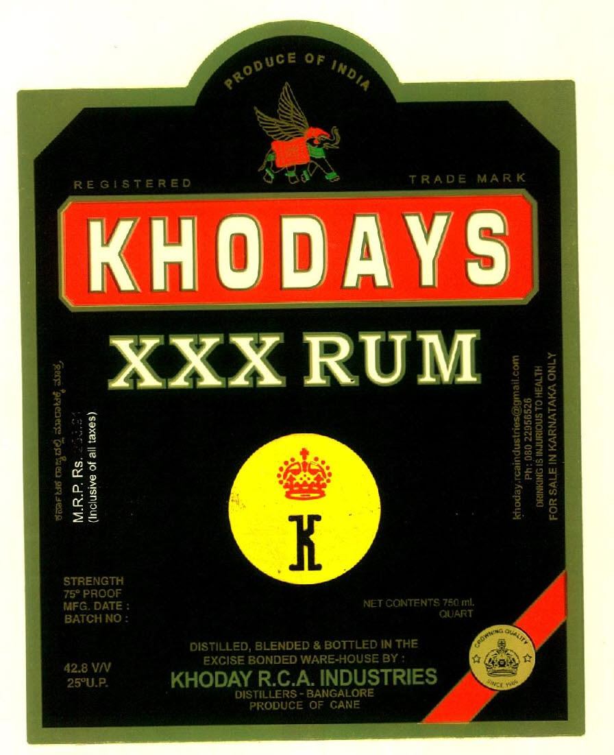 Khodays Xxx Rum Khoday R.c.a. Industries K Device mark 2756151 Trademark