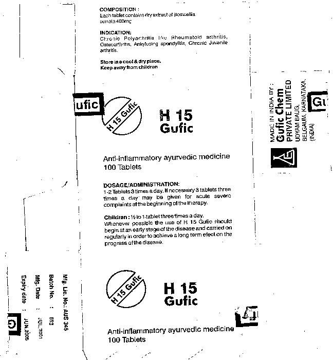 H 15 Gufic Anti-inflammatory Ayurvedic Medicine 100 Tablets Device mark 1069407 Trademark