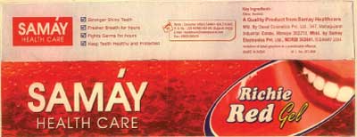 Samay Health Care ( With Richie Red Gel Word In Label ) Device mark 1302605 Trademark
