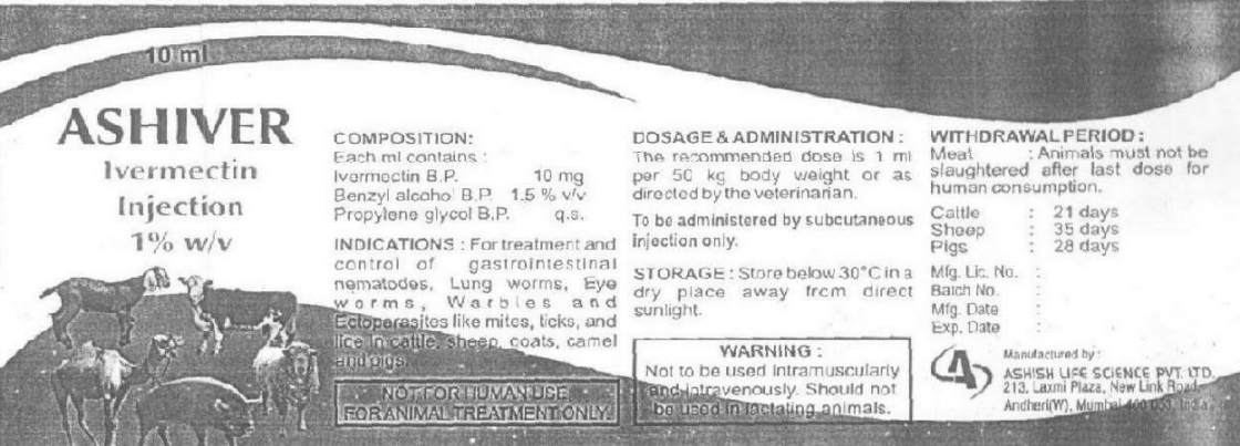 Ashiver Ivermectin Injection 1% W/v (label) Device mark 1591168 Trademark