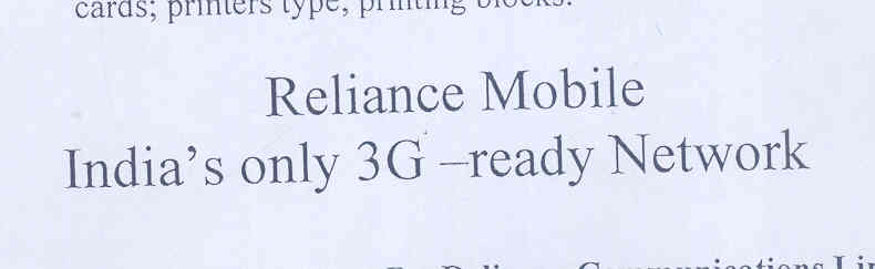 Reliance Moblie India"s Only 3g - Ready Network (label) Device mark 1773516 Trademark
