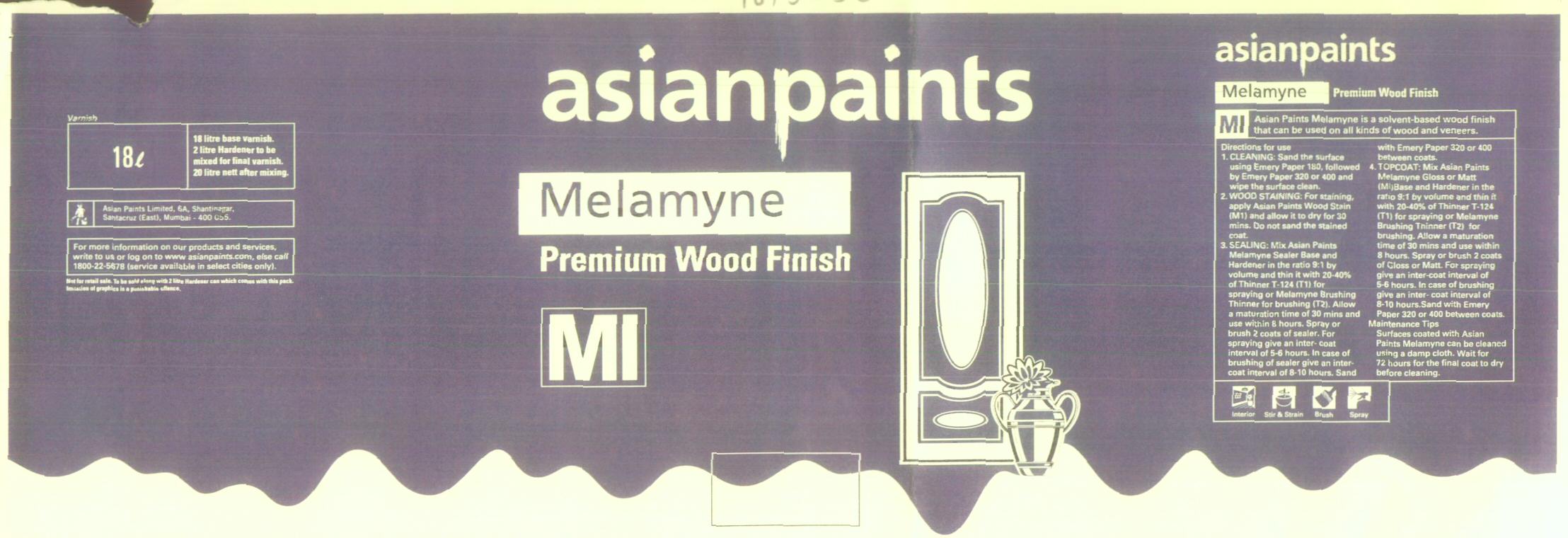 Asian Paints Melamyne Premium Wood Finish (label) Device mark 1613250 Trademark