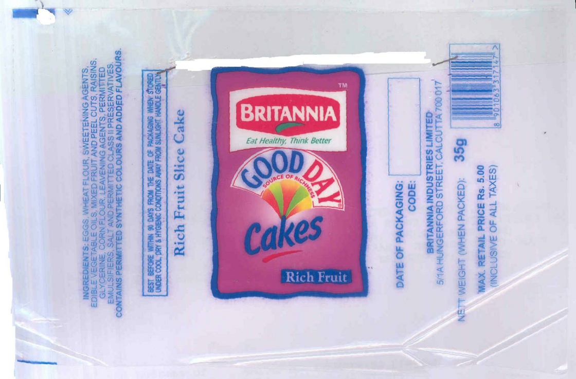 Britannia Good Day Cakes-rich Fruit (label) Device mark 907534 Trademark
