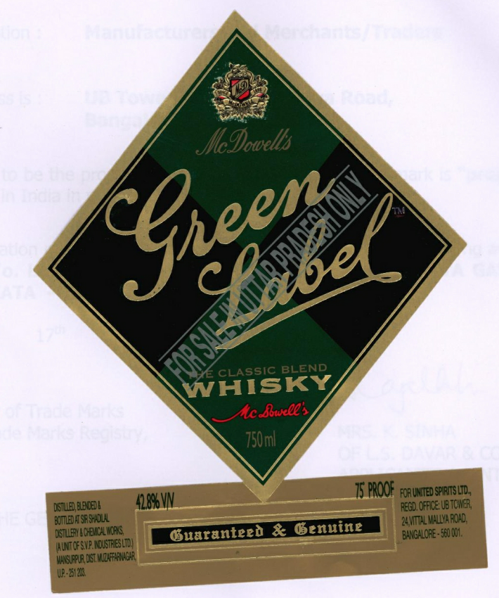 Mc Dowell's Green Label The Classic Blend Whisky Device mark 2269247 Trademark