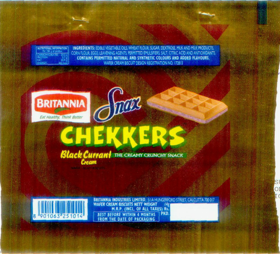 Snax Chekkers Black Currant Cream, Chekkers(device) Device mark 891985 Trademark