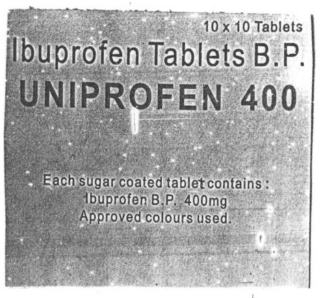 Ibuprofen Tablets B. P. Uniprofen 400 (label) Device mark 1368034 Trademark