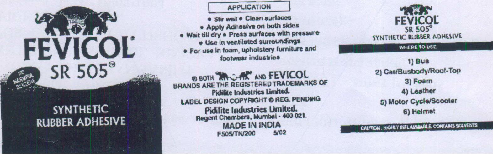 Fevicol Sr 505 (label) Device mark 1109868 Trademark