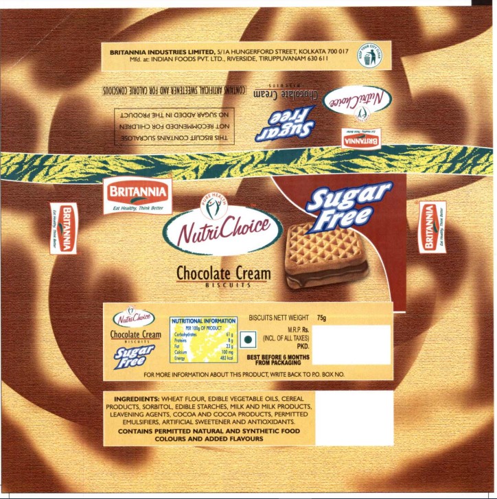 Britannia Nutri Choice Sugar Free Chocolate Cream (label) Device mark 1289584 Trademark