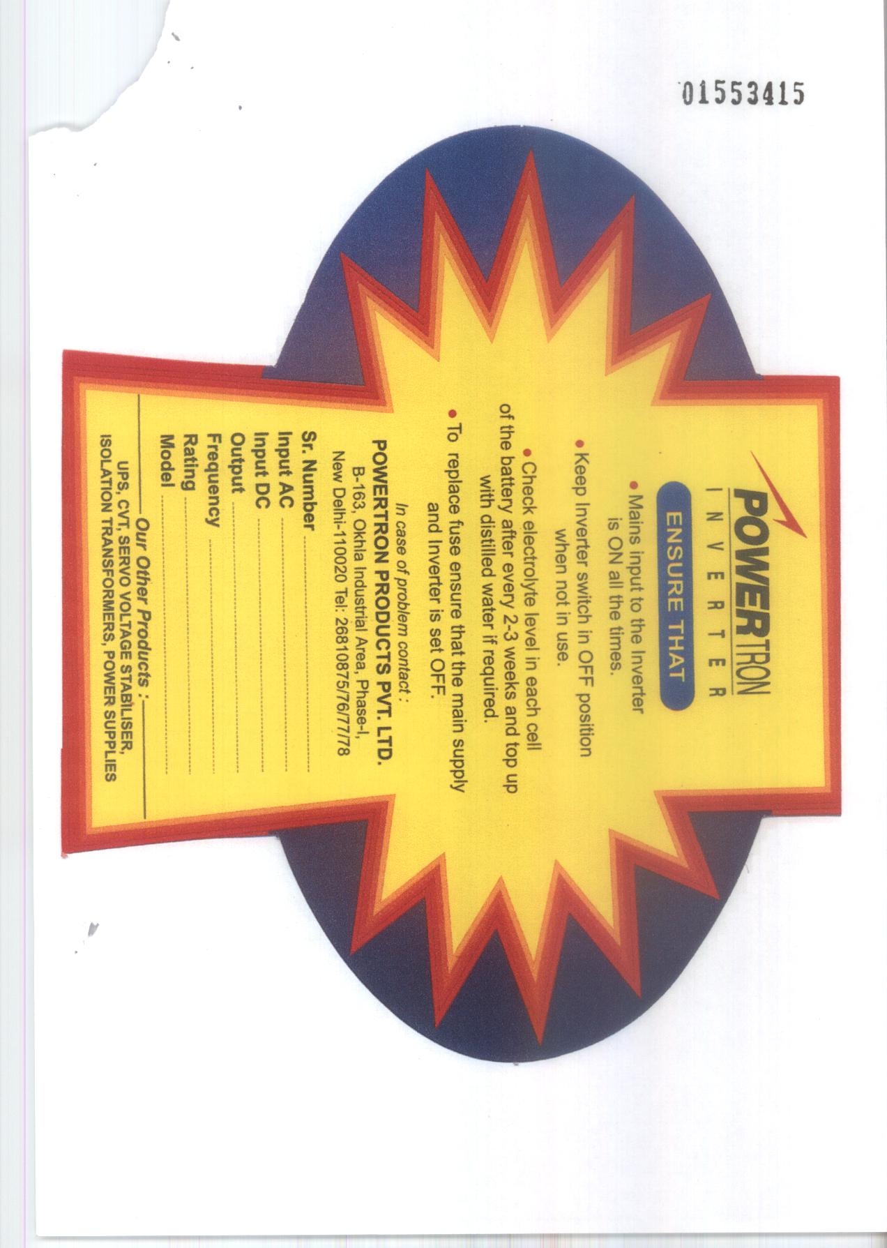 Power Tron Inverter (label) Device mark 1553415 Trademark
