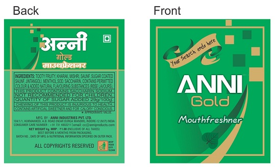 Anni Gold Mouthfreshner (label) Device mark 3979048 Trademark