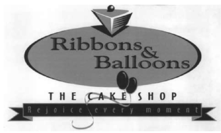 Ribbons & Balloons With Tagline The Cake Shop Rejoice Every Moment Device mark 4397423 Trademark